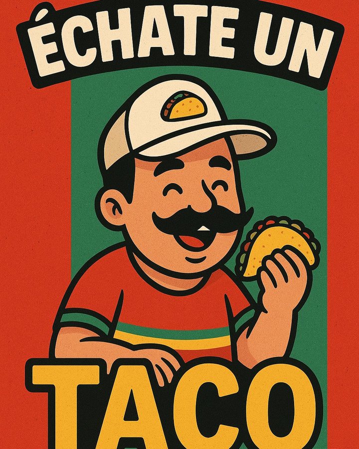 Échate Un Taco mascot: a smiling man with a mustache and cap holding a taco